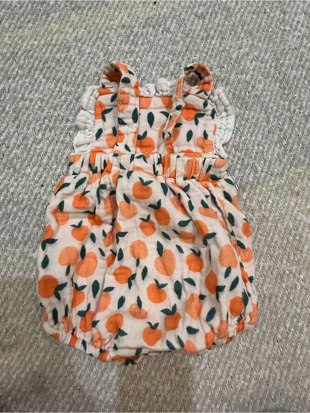 Stitchy Fish Orange Print Baby Romper - Orange & Green EUC